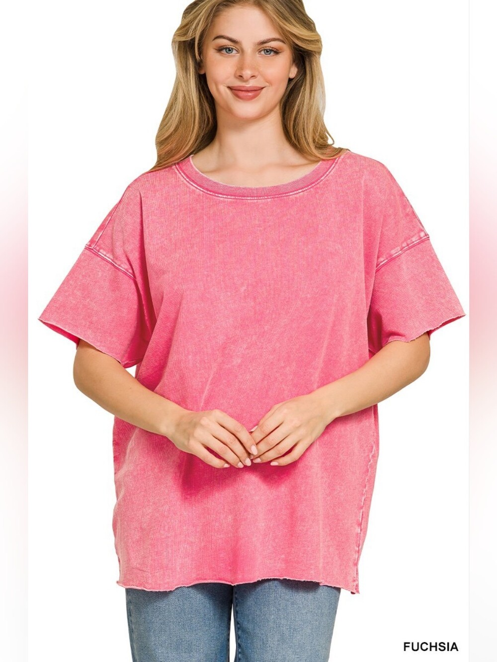 Zenana Acid Wash French Terry Drop Shoulder Raw Edge Top- Fast Shipping!! - Picture 3 of 5